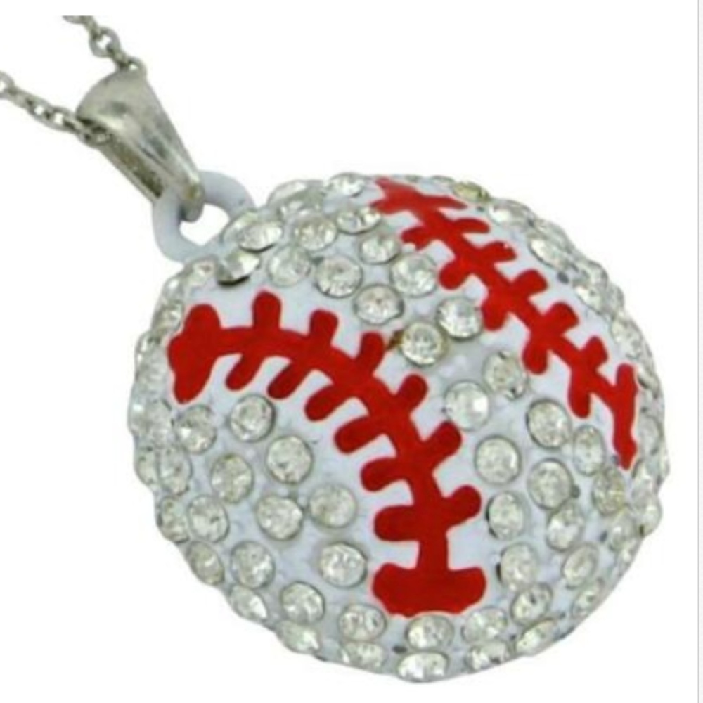 Baseball Ball Necklace Crystal Pendant Mom Sport Coach Gift Silver Plated 19"